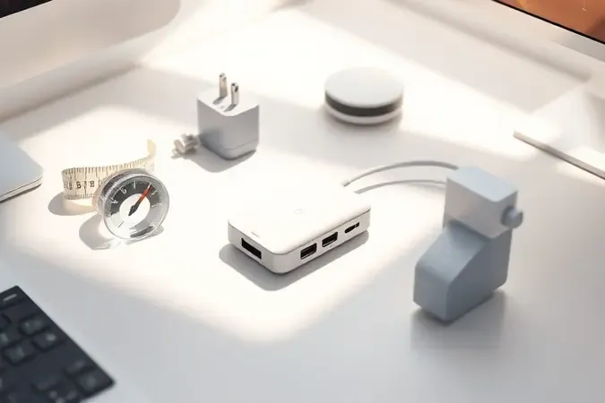 Cena conceitual 3D representando fatores para escolher um hub USB, com objetos simbólicos sobre mesa limpa e iluminação natural.