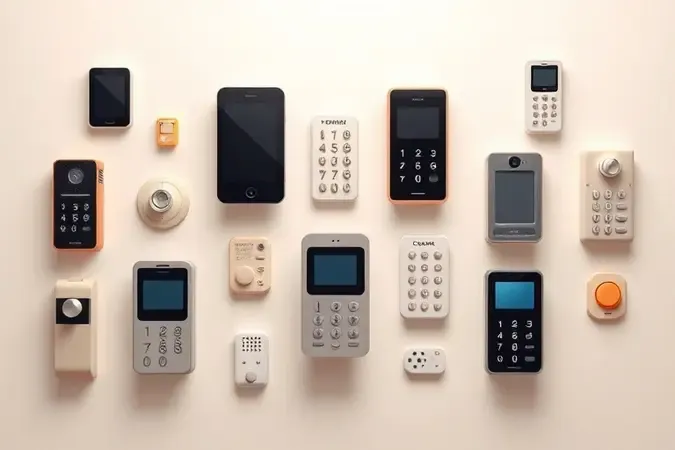 Composição conceitual 3D com diferentes estilos de interfones e elementos de interface para auxiliar na escolha do modelo ideal.