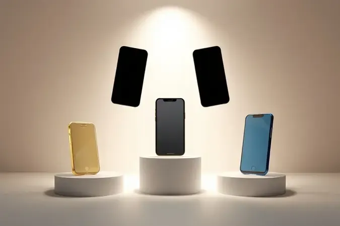 Renderização 3D conceitual de smartphones abstratos flutuantes simbolizando o processo de escolha e comparação entre modelos