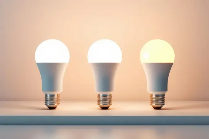 Comparação visual de três lâmpadas inteligentes genéricas com diferentes temperaturas de luz sobre superfície minimalista e neutra.