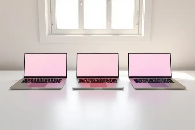 Render 3D conceitual de notebooks lado a lado representando o processo de escolha com diferentes opções de teclado iluminado.