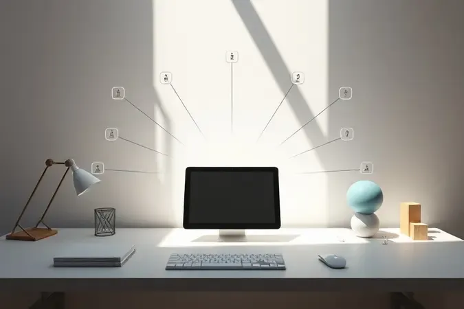 Tablet moderno sem marca em mesa minimalista com formas geométricas abstratas representando escolhas pessoais.