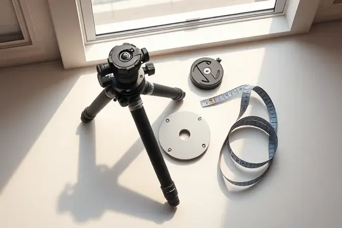 Composição conceitual 3D com componentes de tripé e fita métrica para guia de escolha