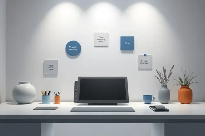 Ambiente de trabalho conceitual com mesa digitalizadora e elementos visuais abstratos representando critérios de escolha e comparação