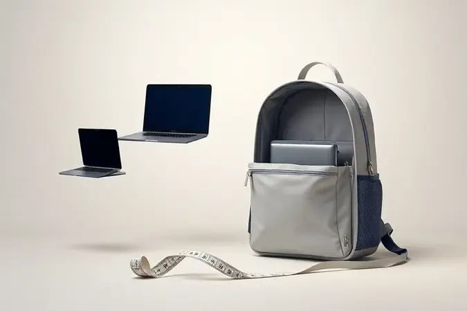 Comparação conceitual de diferentes tamanhos de notebook ao lado de mochila para escolha do tamanho ideal.