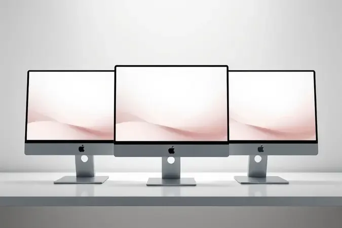 Três monitores 4K modernos e minimalistas lado a lado em composição conceitual 3D para guia de escolha.