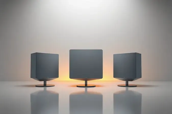 Render 3D de três formas geométricas abstratas representando diferentes tamanhos de monitores de áudio sobre superfície reflexiva para ilustrar o processo de escolha.