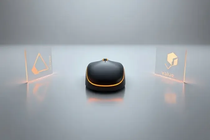 Mouse gamer elegante sem marca centralizado com formas geométricas translúcidas flutuantes simbolizando precisão, conforto e custo-benefício.