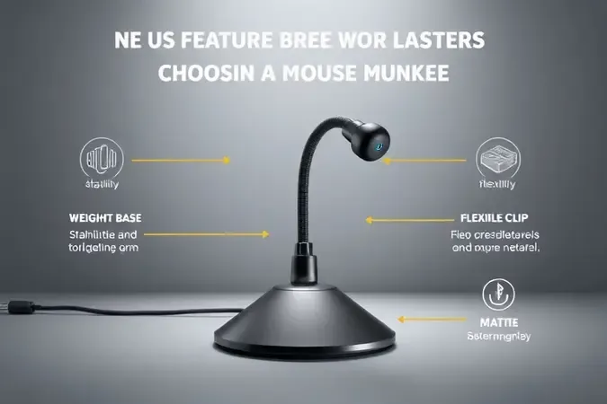 Render 3D conceitual destacando características essenciais para escolher um mouse bungee de qualidade, como estabilidade e flexibilidade.