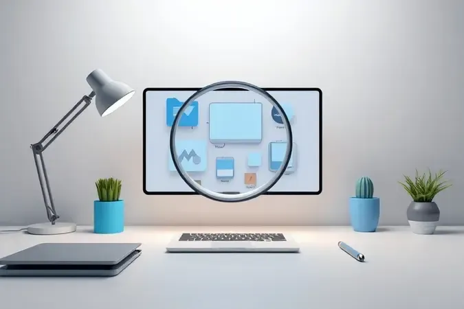 Renderização 3D de lupa estilizada sobre formas geométricas abstratas representando análise de especificações de notebook.