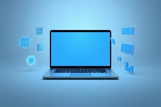 Conceito 3D de notebook com ícones geométricos abstratos representando especificações técnicas para escolha de laptop gamer.