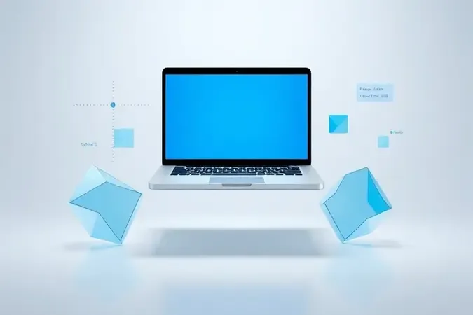 Render 3D conceitual de notebook rodeado por formas geométricas abstratas representando critérios de escolha e especificações técnicas.