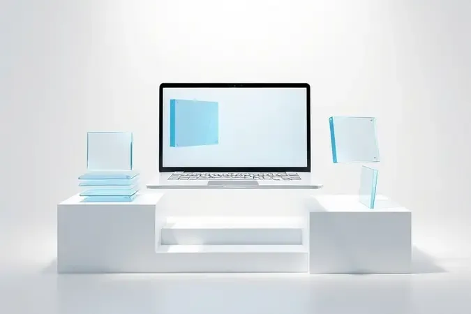 Guia visual para escolher notebook touch screen ideal com componentes abstratos em render 3D conceitual