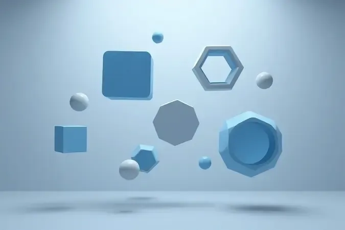 Composição 3D abstrata com formas geométricas flutuantes representando critérios de escolha de notebook para trabalho.