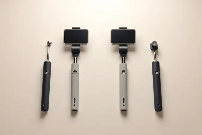 Composição 3D conceitual com elementos de pau de selfie em layout comparativo para escolha ideal.