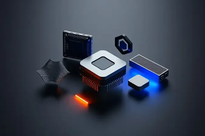 Render 3D conceitual com elementos abstratos representando especificações de placa de vídeo modernas
