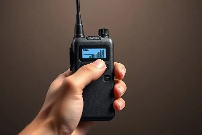 Render 3D de uma mão segurando um rádio comunicador portátil com design ergonômico e display minimalista em close.