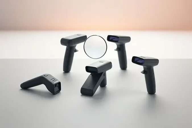Renderização 3D conceitual de scanners portáteis minimalistas sendo avaliados sob iluminação suave de estúdio.