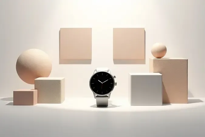 Conceito 3D de smartwatch sem marca com formas geométricas abstratas representando critérios de escolha e seleção de recursos.