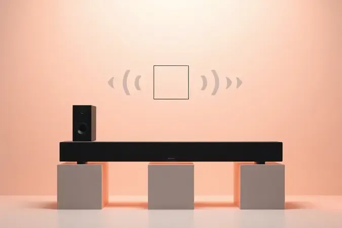 Render 3D conceitual representando processo de escolha entre diferentes opções de soundbar com design minimalista