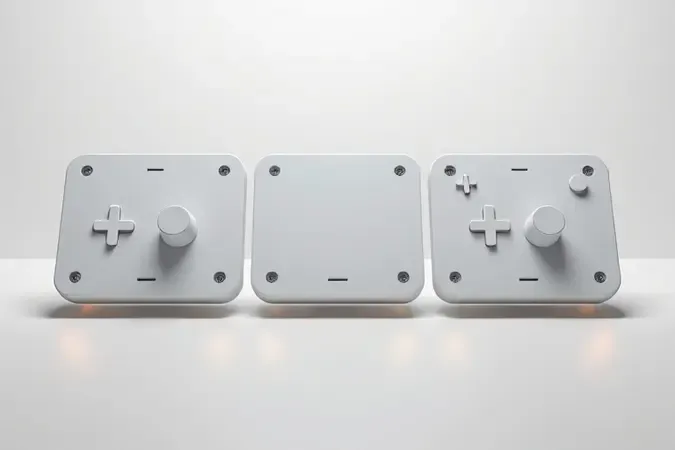 Três variações conceituais de interfaces de controle lado a lado em renderização 3D minimalista para comparação visual.