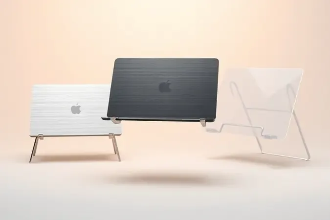 Composição 3D com três estilos de suportes para notebook em alumínio, aço e polímero translúcido destacando diferentes materiais.