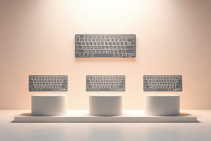 Render 3D conceitual mostrando diferentes tipos de teclado para Macbook em composição minimalista com iluminação suave