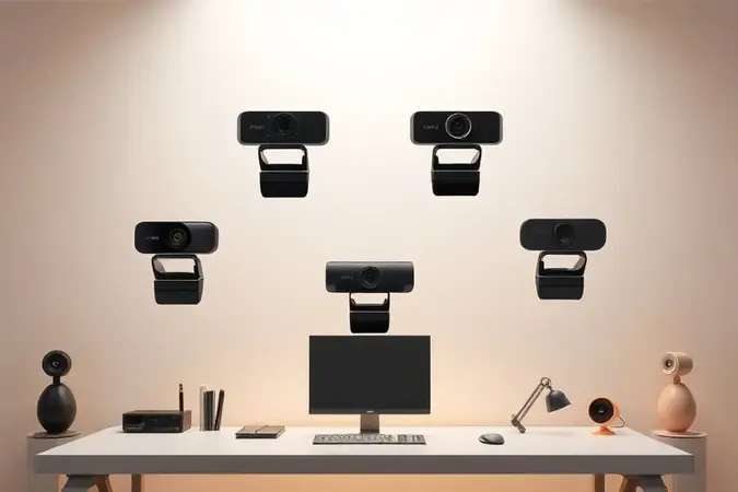 Render 3D conceitual de webcams flutuando sobre mesa minimalista simbolizando o processo de escolha e comparação de modelos