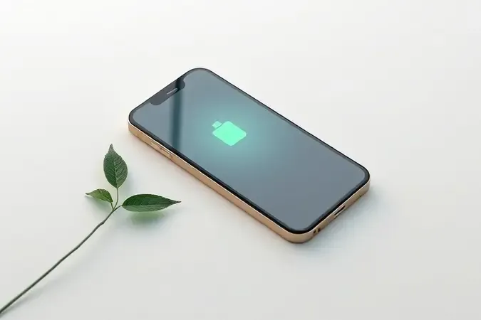 Render 3D conceitual de smartphone com elementos visuais sutis representando economia de bateria e maior duração