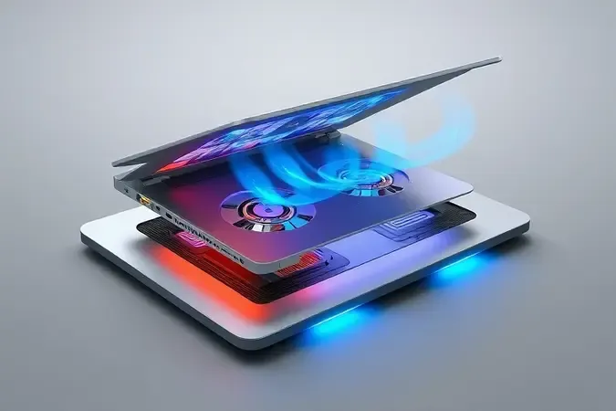 Ilustração conceitual em corte lateral mostrando fluxo de ar de uma base refrigerada resfriando um notebook sem marca.