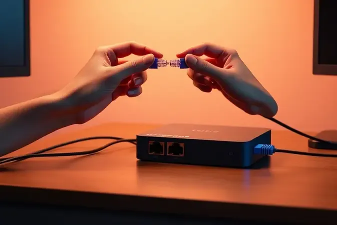 Render 3D conceitual de instalação de conversor de mídia com cabos sendo conectados ao dispositivo.