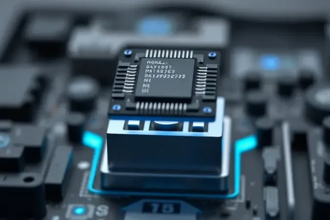 Renderização 3D de processador posicionado sobre soquete abstrato com elementos geométricos, representando instalação de processador Intel.