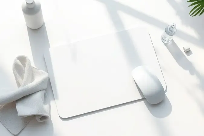 Render 3D de mousepad com pano de microfibra e spray de limpeza em cena clean e arejada.