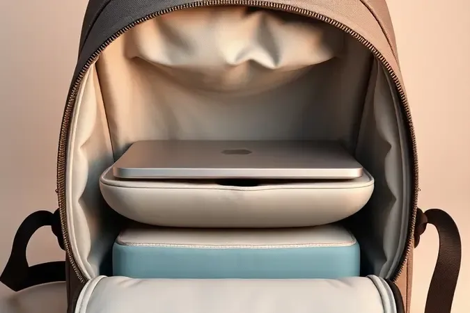 Notebook sendo inserido em compartimento acolchoado com suspensão protetora dentro de mochila contra impactos.