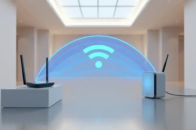 Ilustração 3D mostrando como um repetidor estende o sinal Wi-Fi de um roteador para áreas distantes de forma limpa e moderna.