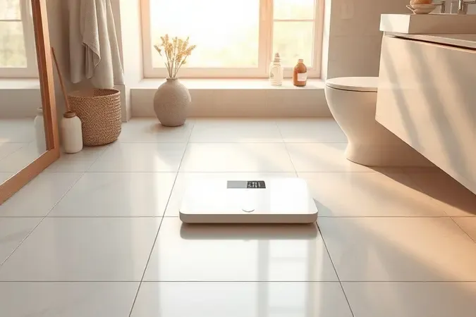 Render 3D conceitual de balança digital em ambiente de banheiro moderno representando uso e manutenção adequados.