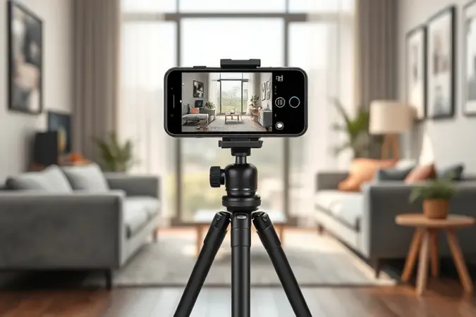 Tripé para celular em ambiente moderno conceitual representando diferentes situações de uso como fotografia, vídeos e videoconferência
