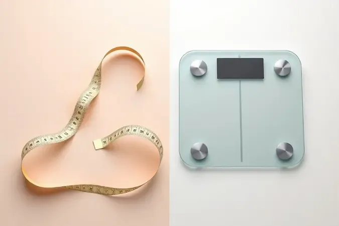 Comparação visual 3D entre fita métrica antropométrica tradicional e balança de bioimpedância moderna lado a lado