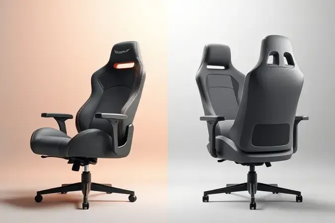 Render 3D conceitual comparando silhuetas de cadeira gamer e cadeira ergonômica lado a lado em composição equilibrada