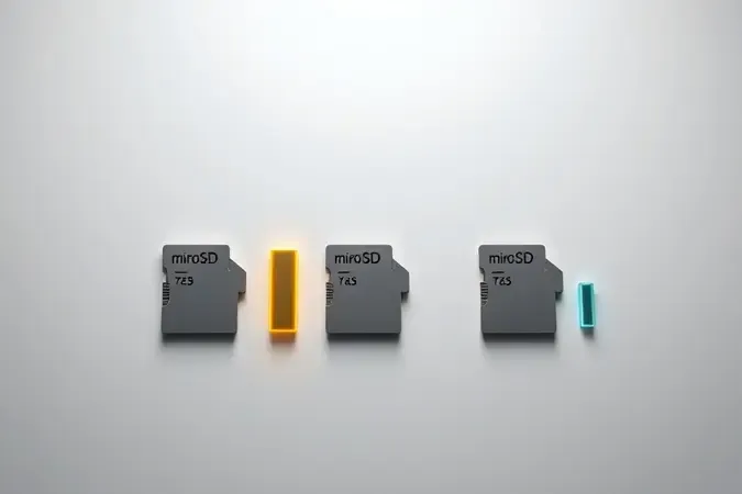Três cartões microSD genéricos lado a lado com barras abstratas representando diferentes capacidades de armazenamento em render 3D.