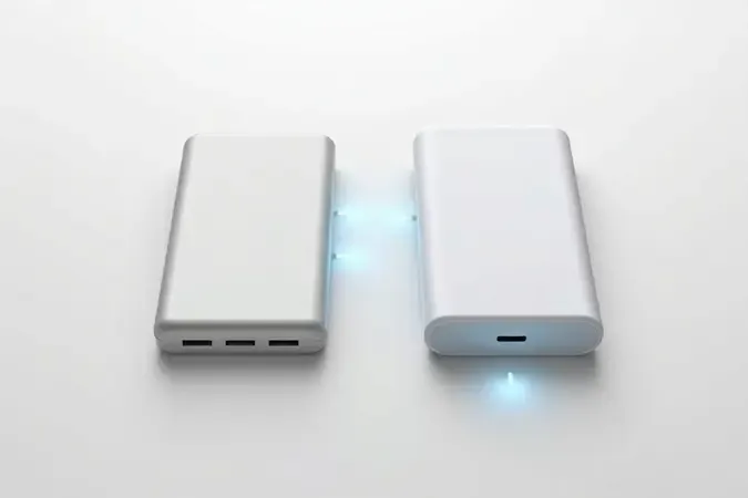 Renderização 3D comparando dois carregadores portáteis de capacidades diferentes representando 5000 e 10000 mAh.