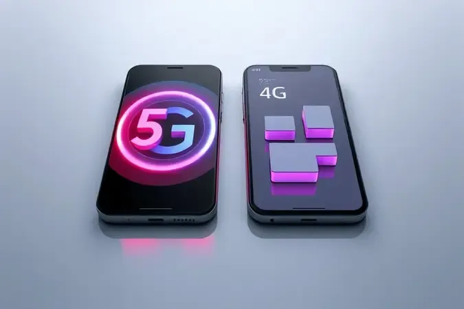 Comparação conceitual entre smartphone 5G com tons vibrantes e smartphone 4G com tons neutros lado a lado