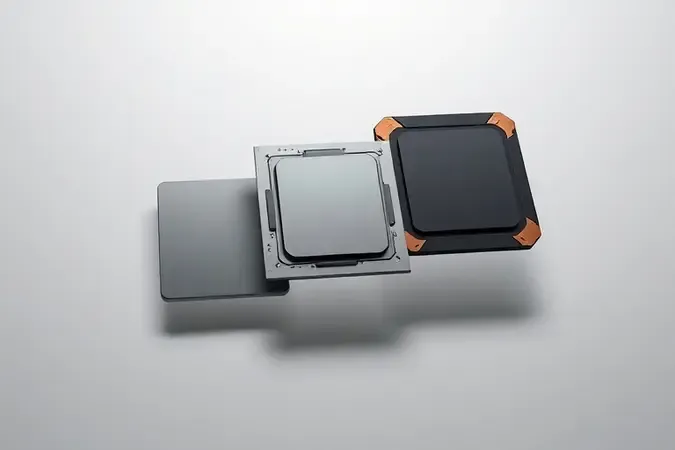 Render 3D conceitual de três tiers de chipsets AM4 em composição minimalista ascendente com iluminação profissional