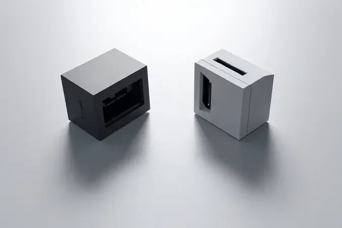 Render 3D conceitual comparando silhuetas geométricas dos conectores DisplayPort e HDMI lado a lado.