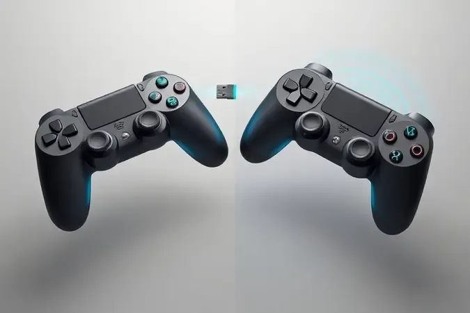 Render 3D comparativo entre tecnologias de conexão sem fio 2.4GHz via dongle e Bluetooth para controles de PC.