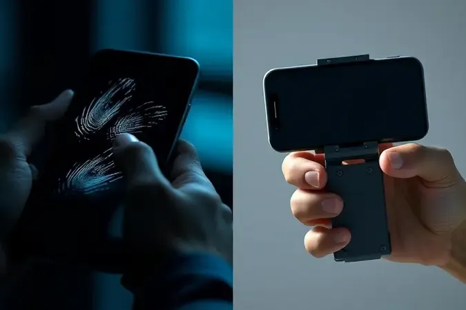 Comparação conceitual 3D entre controles touch screen com marcas de dedo e gamepad físico ergonômico para celular.