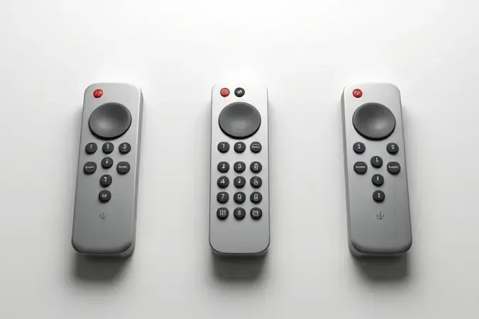Três controles remotos universais minimalistas lado a lado representando comparação e escolha em renderização 3D conceitual.