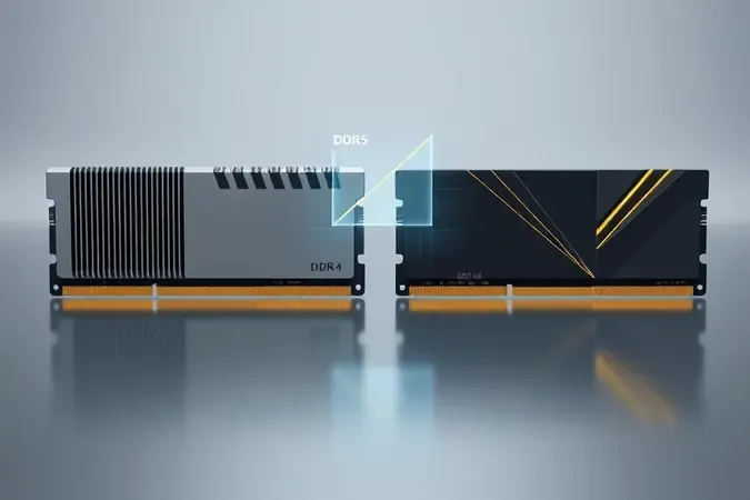 Render 3D comparativo entre dois módulos de memória lado a lado representando evolução do DDR4 para DDR5 com design futurista.