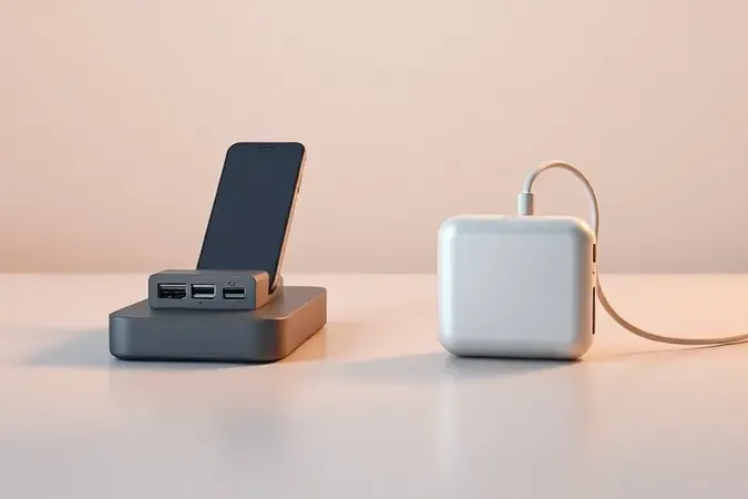 Comparação visual 3D entre dock station com múltiplas portas e carregador portátil compacto lado a lado em superfície clean.