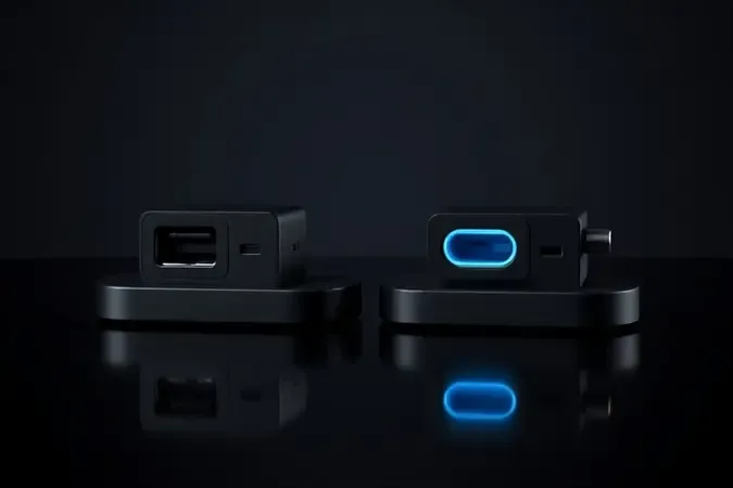 Renderização 3D comparando dock stations com portas USB Type-A e USB Type-C lado a lado, com iluminação dramática em tons escuros.